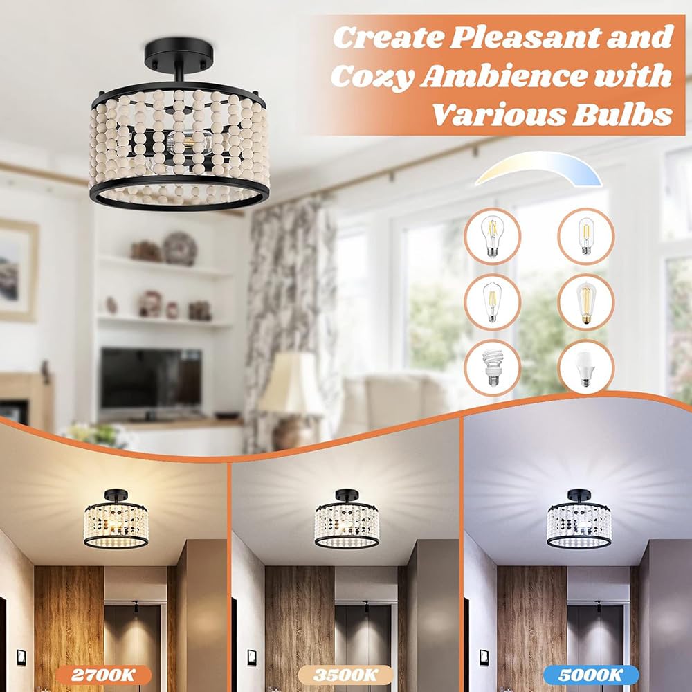 Amerykańska lampa sufitowa w stylu retro do sypialni, 12,6 cala, boho, na korytarz, werandę, z kutego żelaza, z litego drewna, odpowiednia do kuchni, balkonu, hotelu, miejsc komercyjnych