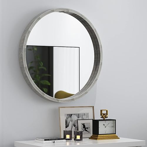 HDYYGY Wood Mirror Round-30in X 30in Modern Round Mirror Wood Frame Gray
