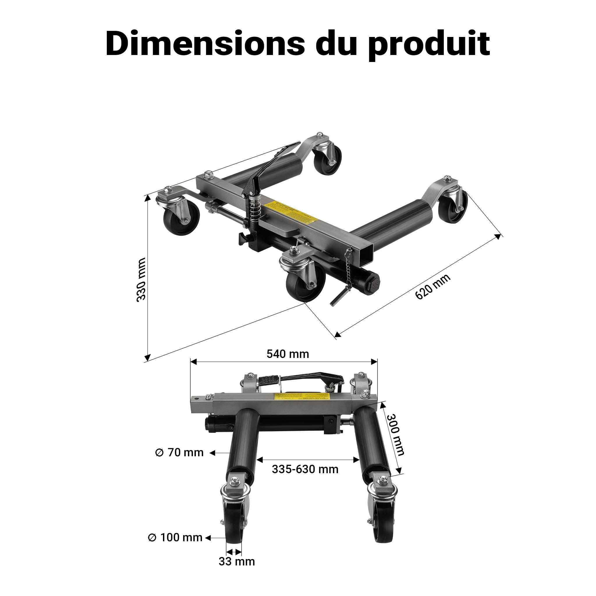 Wiltec Jeu Chariot de déplacement 2x Cric Go Jack Hydraulique 680kg par Cric Largeur de pneu 30 cm Taille 620 x 540 x 330 mm Noir argenté Goupille Sécurité Lève voiture Atelier Garage