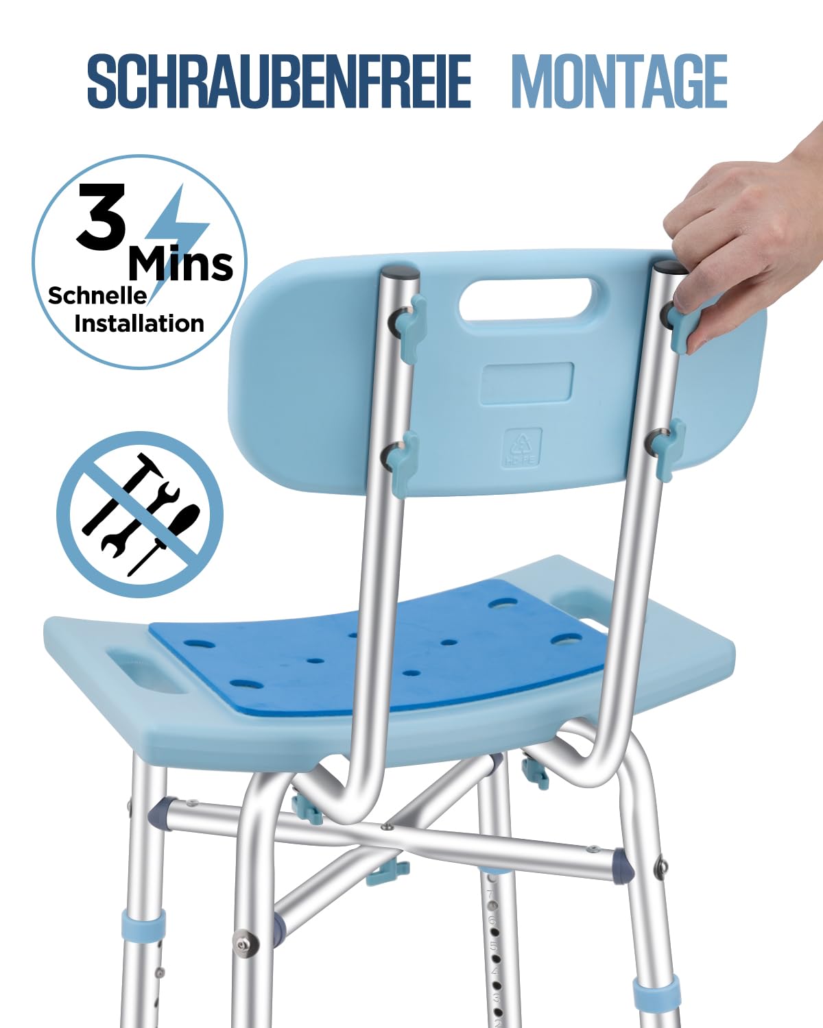 Taburete de ducha con respaldo extraíble, silla de ducha para personas mayores, soporta 220 kg, altura regulable 42-50 cm, asiento de ducha de aluminio, silla de baño, taburete para bañeras