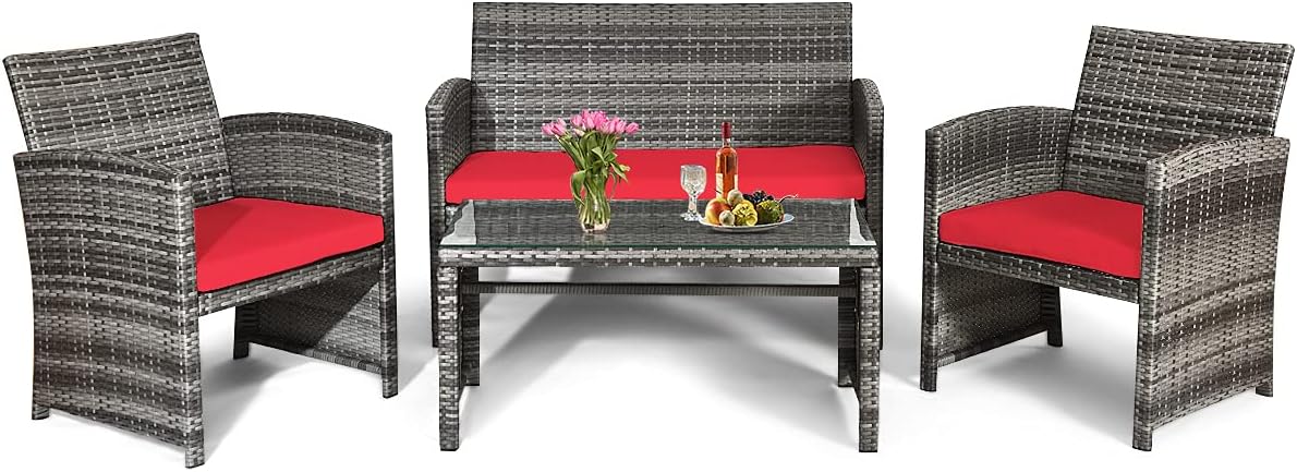 Rattan Furniture Set, 4-Pieces Outdoor Patio Furniture Set, Rattan Sofas w/Tempered Glass Table Set, Rattan Chair Garden Sofa Couch Conversation Sets for Courtyard or Balcony (1, Red)