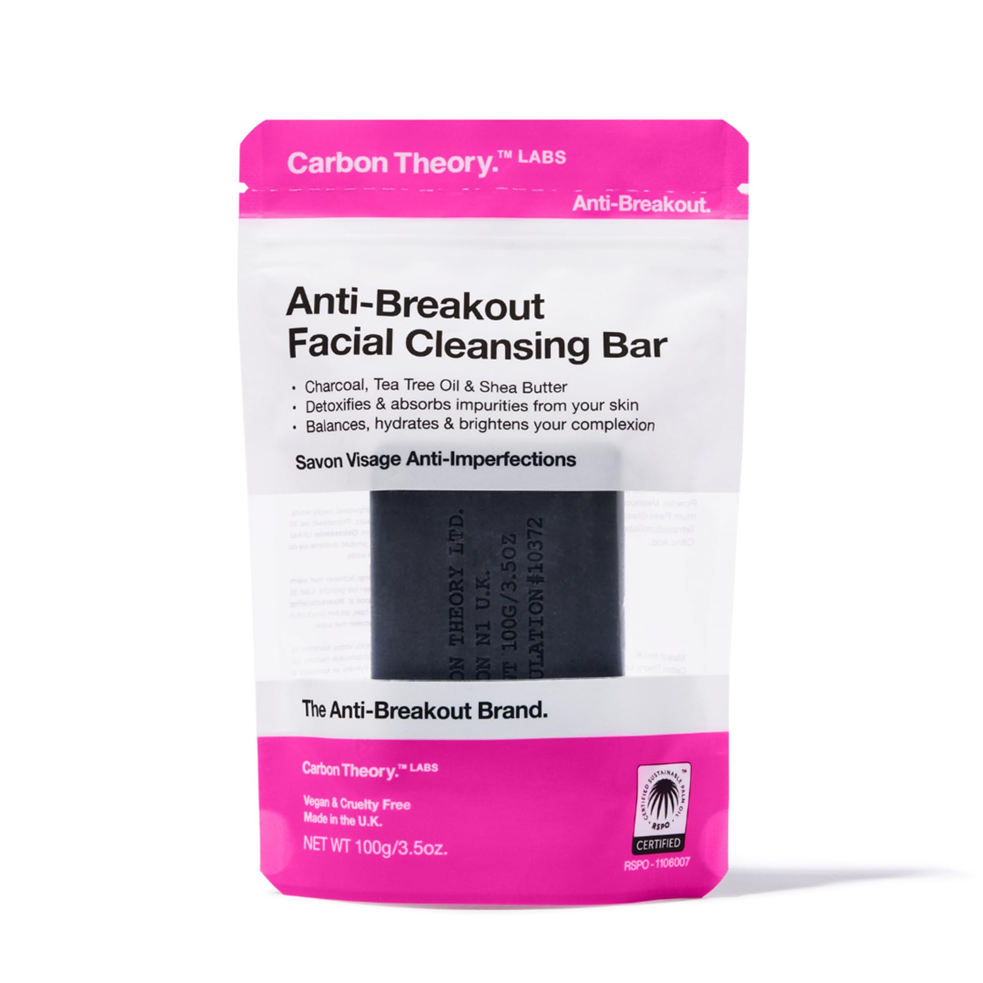 Carbon Theory Facial Cleansing Bar with Activated Charcoal and Organic Tea Tree Oil, Detoxifies and Absorbs Impurities from Your Skin, Natural, Vegan & Cruelty Free, 100g [Amazon-developed Certification] Compact by Design