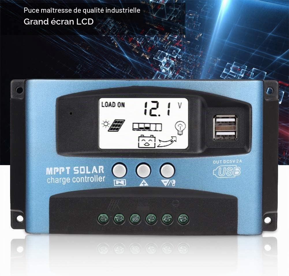 100A Contrôleur de Charge Solaire 12V 24V Auto, Régulateur Panneau Solaire 100A avec 5V Double Port USB et écran LCD pour Batteries Plomb et