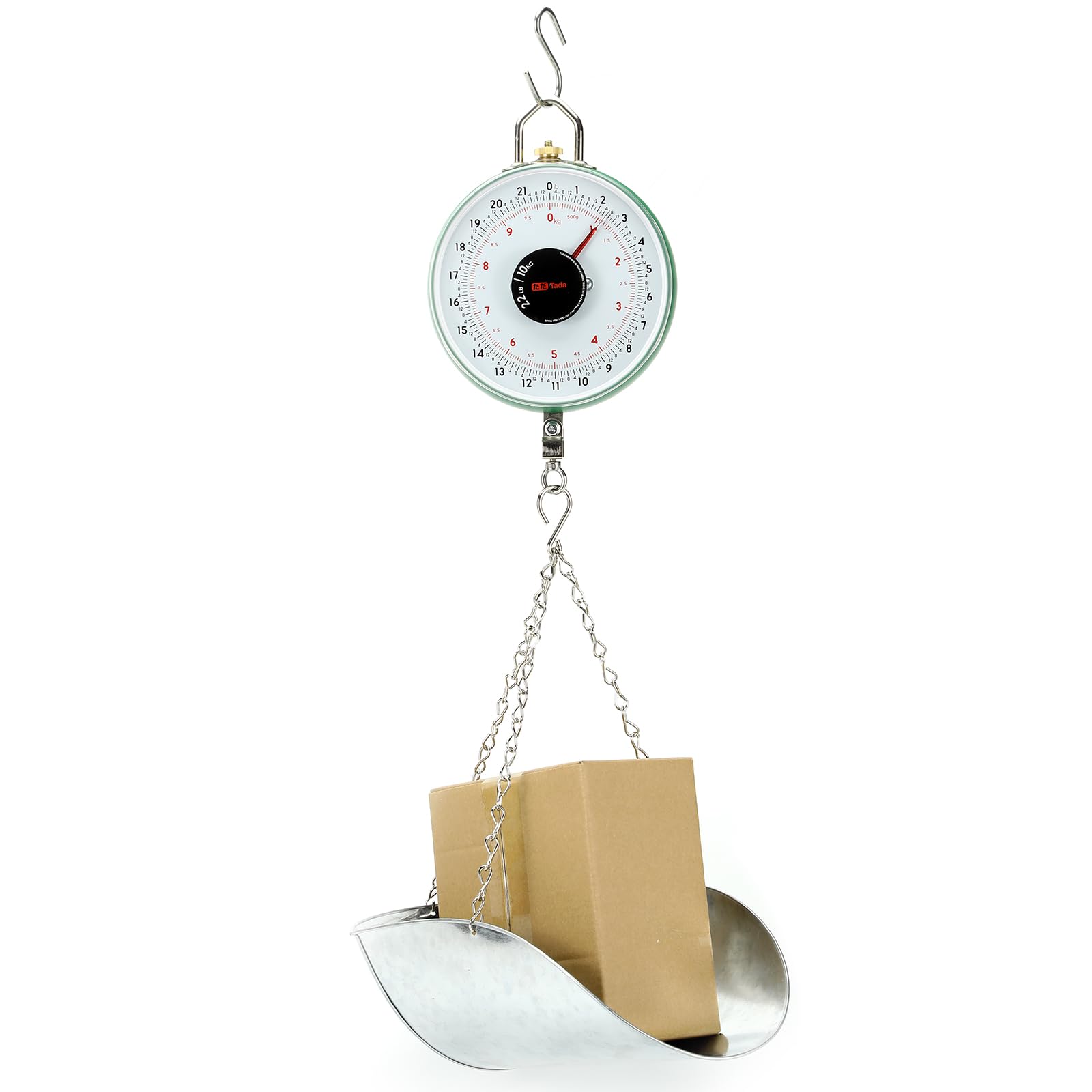 Tada 22LBS Double-Sided Dial Mechanical Hanging Scale with Scoop/Chain for Farm, Kitchen Food and Produce Weighing