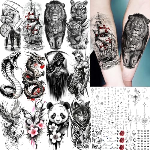Image of 27 Sheets Dragon Snake Warrior Temporary Tattoos For Men Women Adults Half Arm Sleev Tattoo Sticker, Realistic 3d Pirate Ship Lion Tiger Wolf Skull Fake Tattoos For Adults Forearm Tatoos Long Lasting