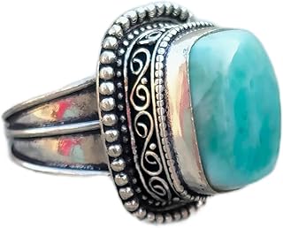 Natural Larimar Ring, Cushion Cabochon Ring, Boho Ring, Dominican Larimar Ring, Precious Stone Ring, Blue Larimar Ring, Wedding Ring, Antique Ring, Cushion Stone Ring, Meditation Ring