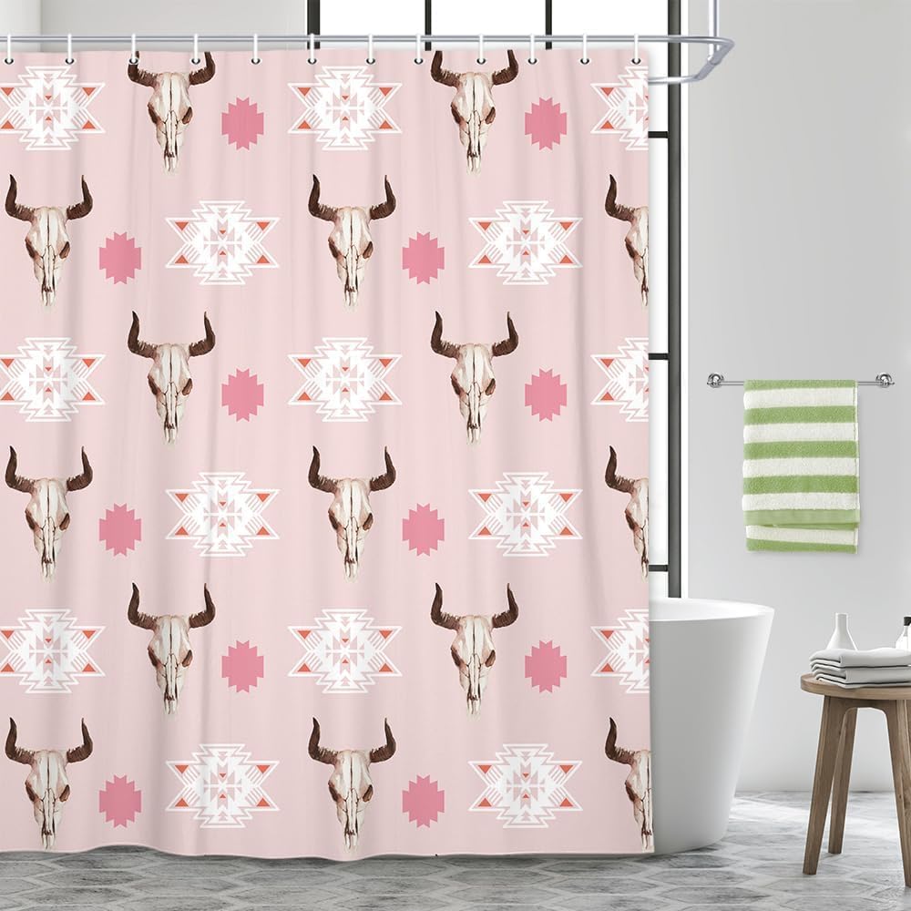 JAWO Western Boho Shower Curtain Native Aztec Tribal Bull Skull Southwestern Cow Bohemian Geometric Pattern Beige Bathroom Decor Aztec Shower Curtain with Hooks