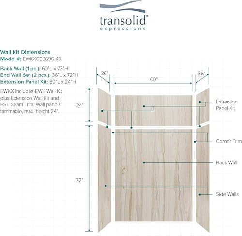 Miniatura 130 de Transolid EWKX483696-41 Expressions - Kit de pared de ducha de 6 paneles con extensión, 36 pulgadas de largo x 48 pulgadas de ancho x 96 pulgadas