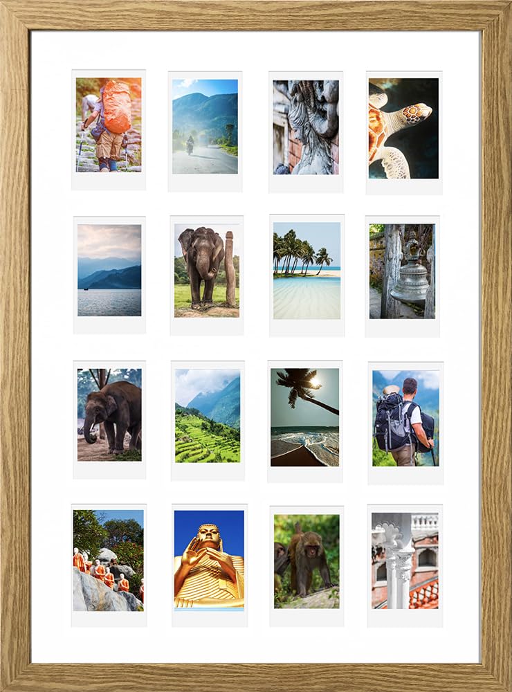 pf+a REAL GLASS Instax Mini Multi Photo Frame For 16 Photos - Oak Effect A3 Multi Instax Mini Picture Frame