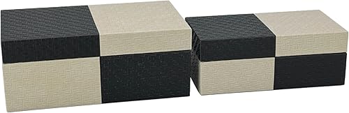 Miniatura 3 de Galt International Cajas de almacenamiento decorativas de cuero vegano, caja grande y pequeña con tapa con bisagras, diseño de cuero a cuadros negro