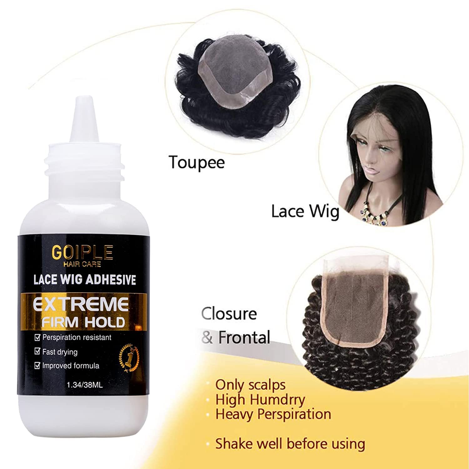 Wig Glue 1.34OZ, Waterproof Lace Front Wig Glue for Wigs with Tools and Hair Wax Stick (Wig Glue/Wig Glue Remover/Hair Wax Stick/Edge Control Wax/Pink Elastic Bands*2/Hair Dual Drush*2)
