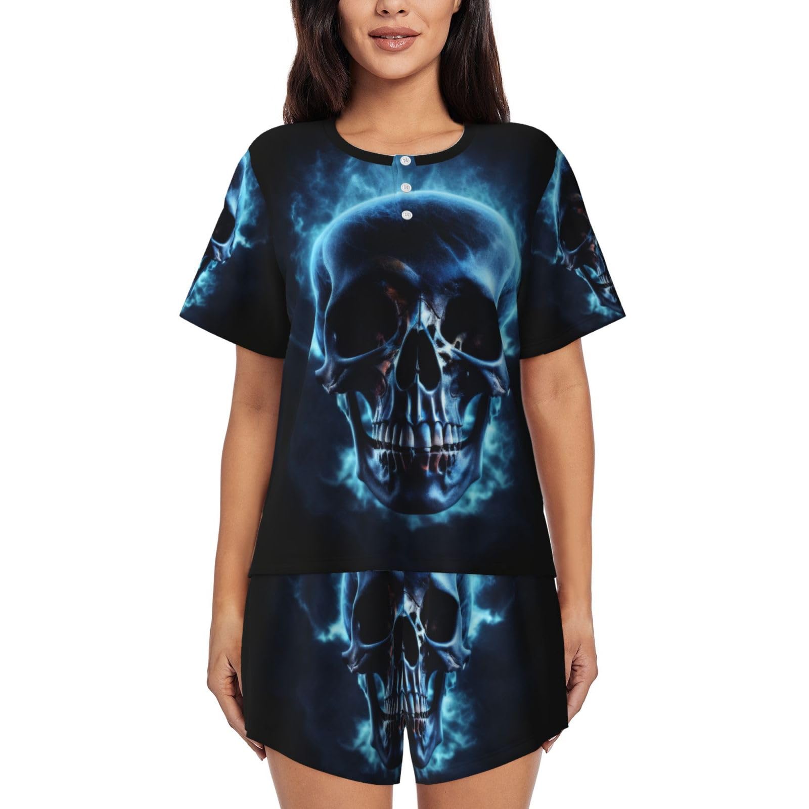 Khdklxohz Women's 3D Patterns Horror Ghost Skull Pajamas Sets For - Short Sleeved Pajama Set, Loungewear, Comfortable Nightwear, Round Neck Fashion Sleepwear With Pockets, Soft Pj Lounge Sets