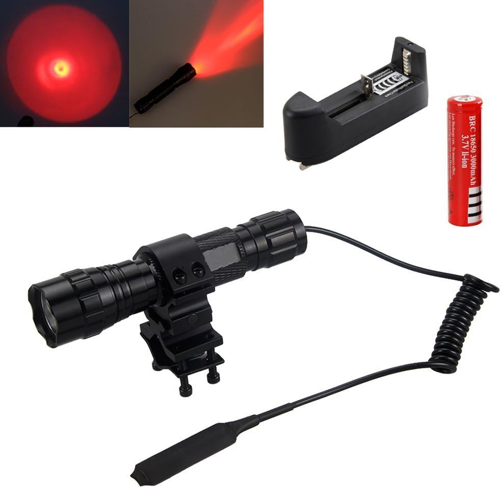 Tactical Gun Hunting Flashlight Torch Lantern 2000Lm CREE T6 LED RED Light Led Lamp+Pressure Swith+ Battery With Charger+Mount (red)