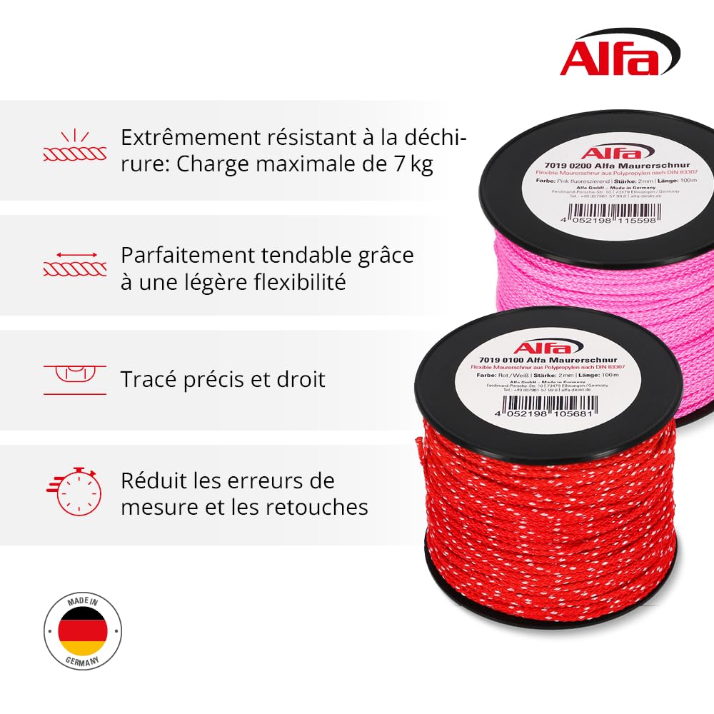 Alfa Cordeau de maçon – Cordon alignement précis – 100 m – 1 pièce