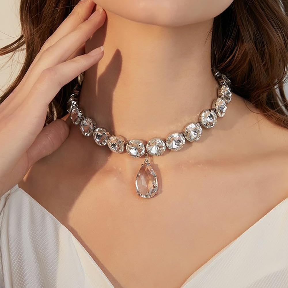 Sither Large Crystal Pendant Choker Necklace for Women Silver Statement Rhinestone Necklace Punk Jewelry for Halloween Christmas Gift (style 1) - Image 4