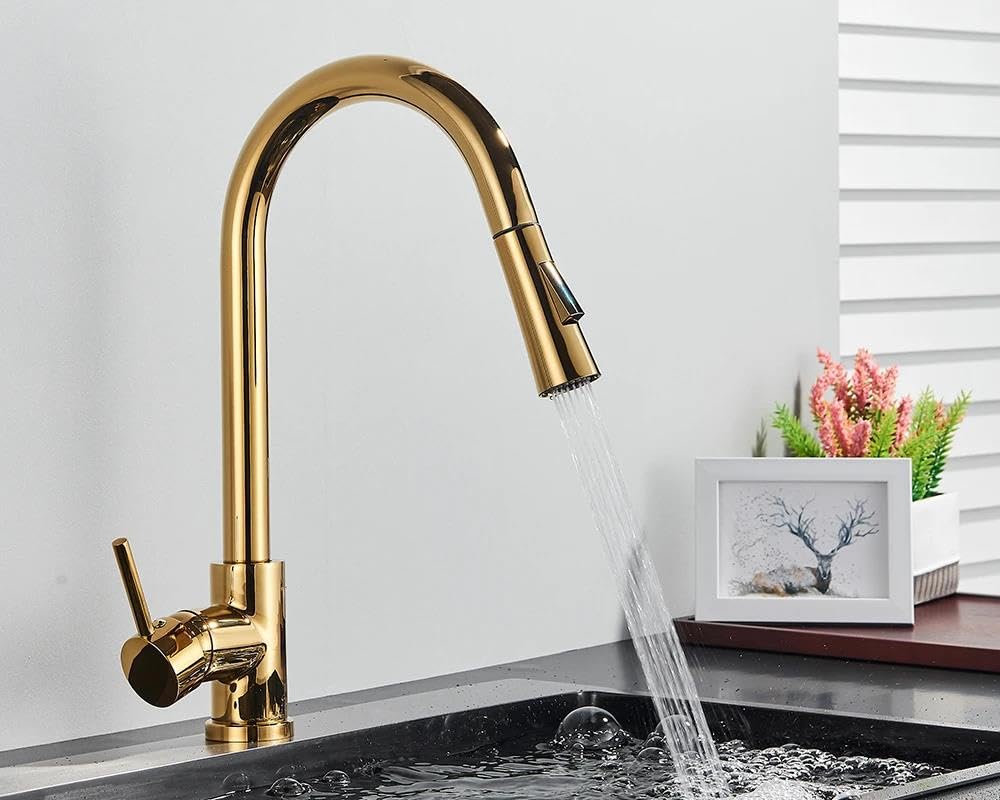 ASerZenith Brushed Gold Kitchen Faucet Pull Out Kitchen Sink Water Tap Single Handle Mixer Tap 360 Rotation Kitchen Shower Faucet,Gold