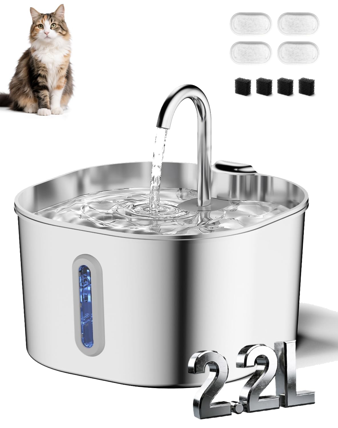 Selenepets Dog Bowl, 2.2L Visible Capacity Dog Water Fountain, Filtered Water Bowl, Stainless Steel Pet Fountain Live Water Design Triple Filtration System Ultra-Quiet Operation for Dogs/Cats (A)