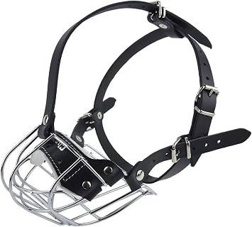 Strong Metal Wire Basket Dog Muzzle for American Bully B3, Black leather/Silver