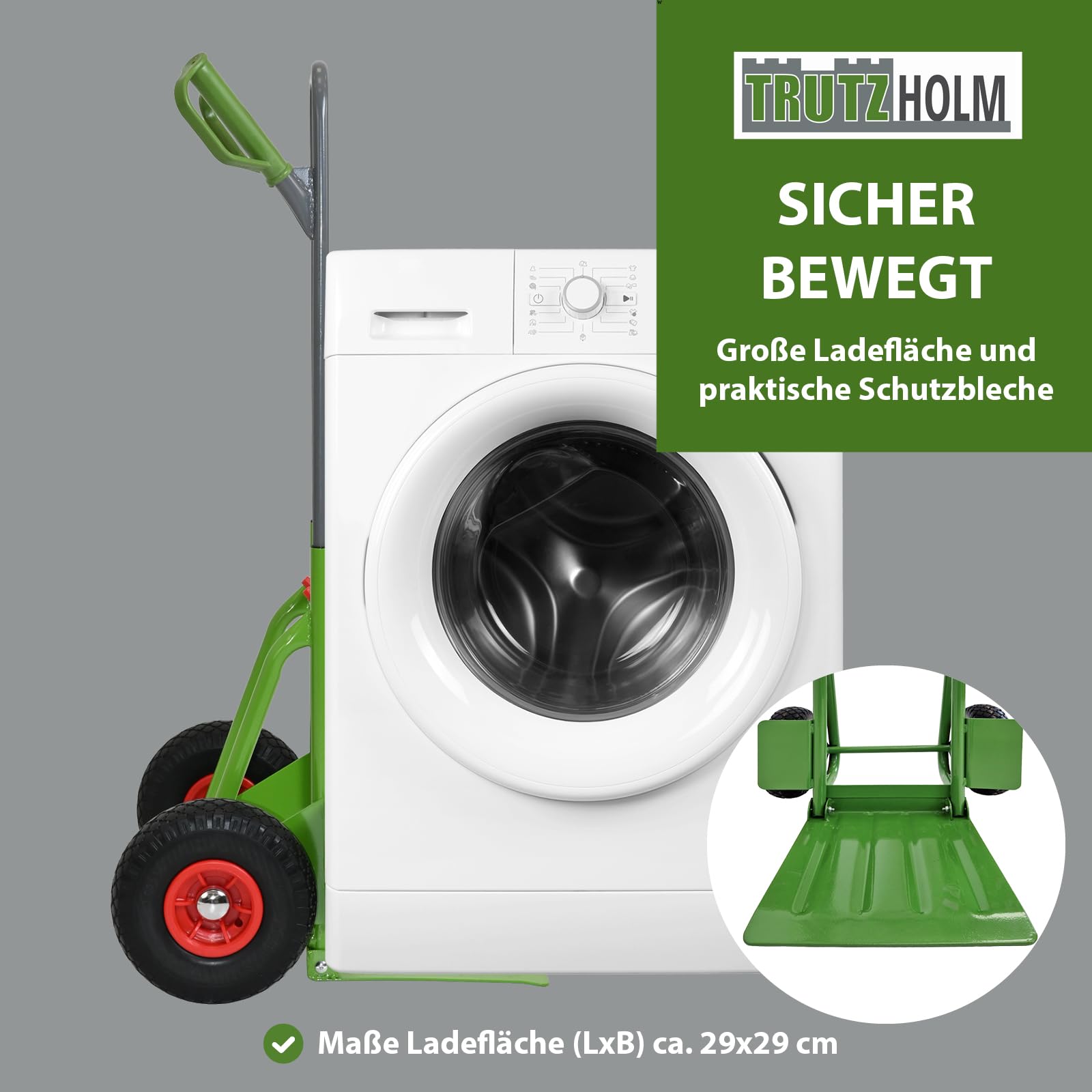 TRUTZHOLM Sackkarre pulverbeschichteter Stahl Tragkraft 200 kg 112,5 cm Höhe große klappbare Ladefläche 29x29 cm pannensichere Vollgummiräder ergonomische Sicherheitsgriffe mit Handschutzbügel