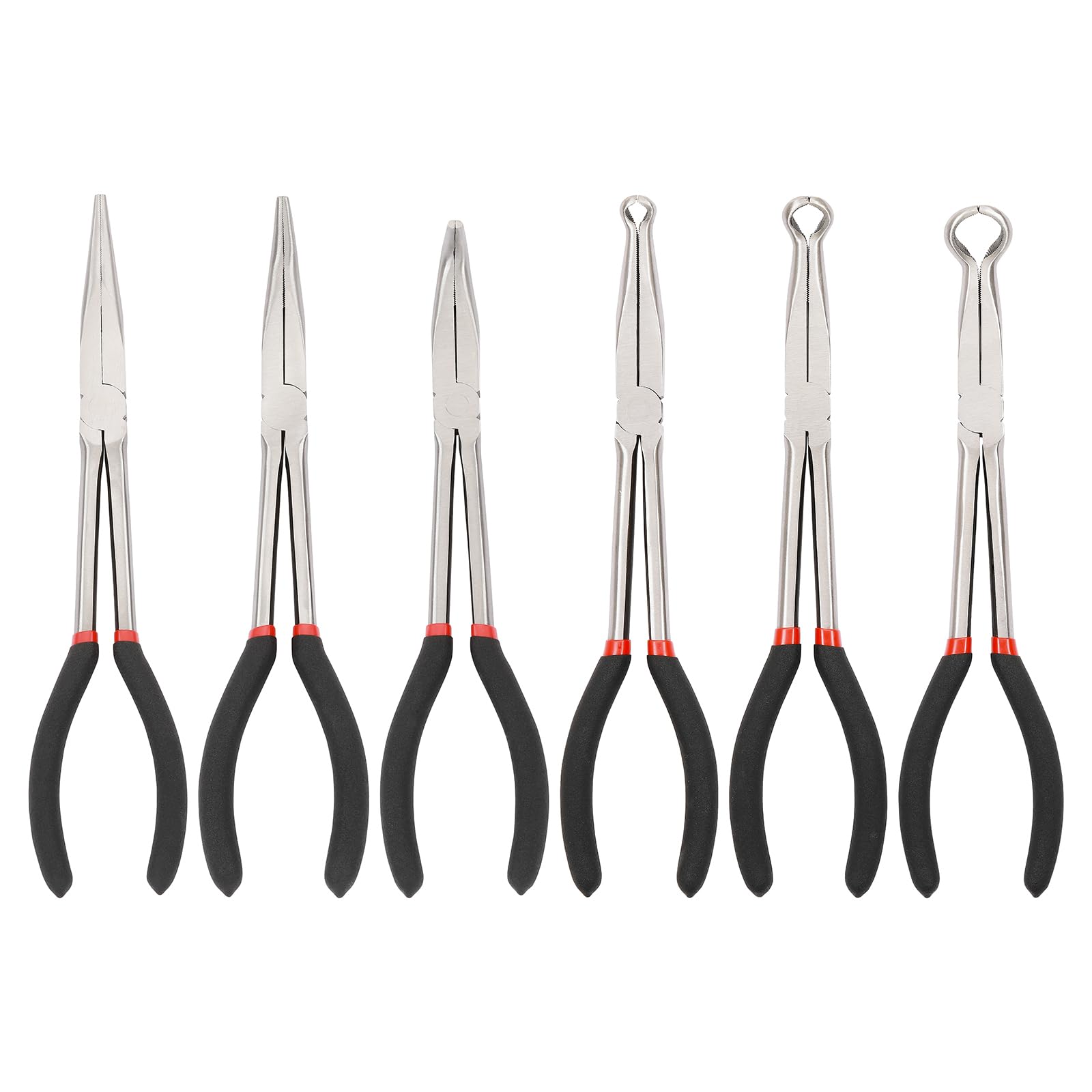 CASOMAN 6PCS 11" Extra Long Pliers Set, Include Extra Long Needle Nose Pliers Set (1"Long Nose Plier, 90°&45° Bent Nose Pliers) & Non-slip Hose