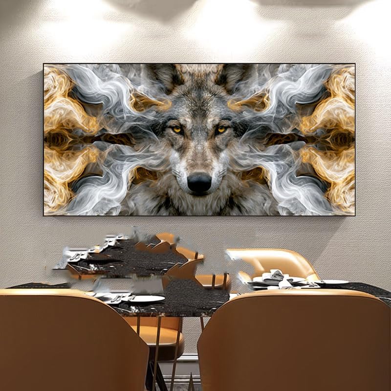 Abstrakcyjny obraz głowa wilka złoty dymny szary obraz do dekoracji wnętrz (30x60cm/z ramą)