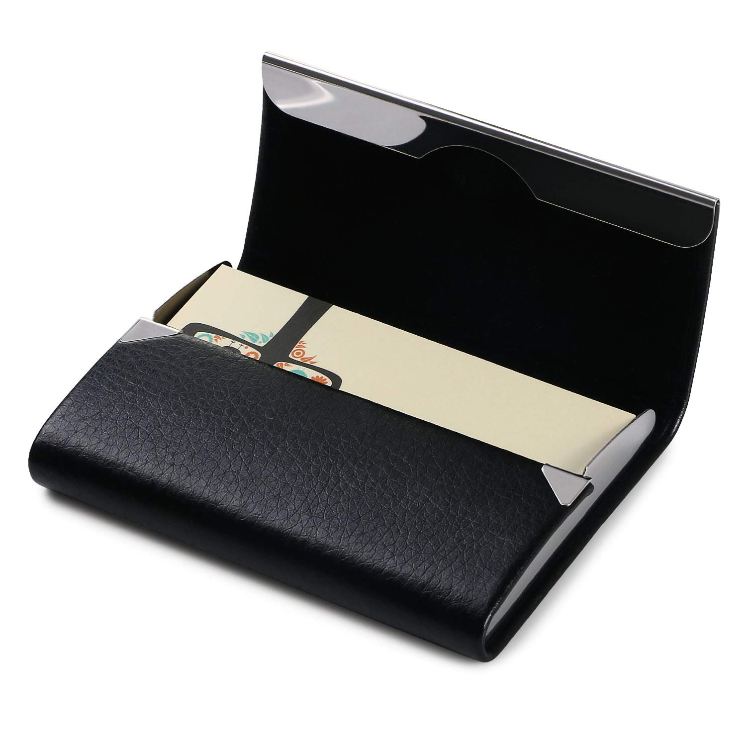 Business Card Case, PU Leather Credit Card Holder with Magnetic Shut, Slim Stainless Steel Bank Card Protectors for Men/Women(Black)