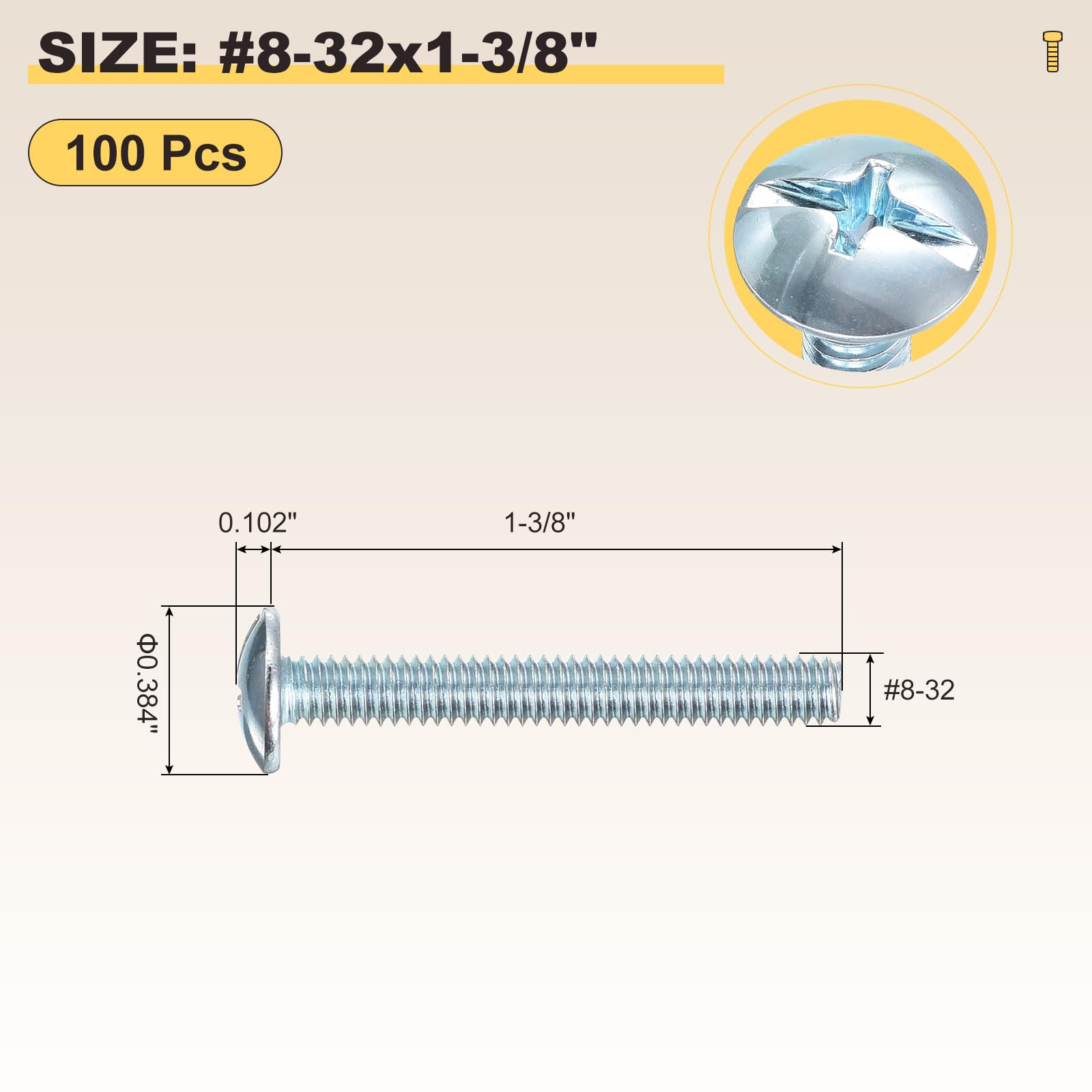 METALLIXITY Machine Screws Phillips Combo Head(#8-32x1-3/8") 100Pcs, Carbon Steel Round Head Cross Drive Furniture Bolts - Image 2