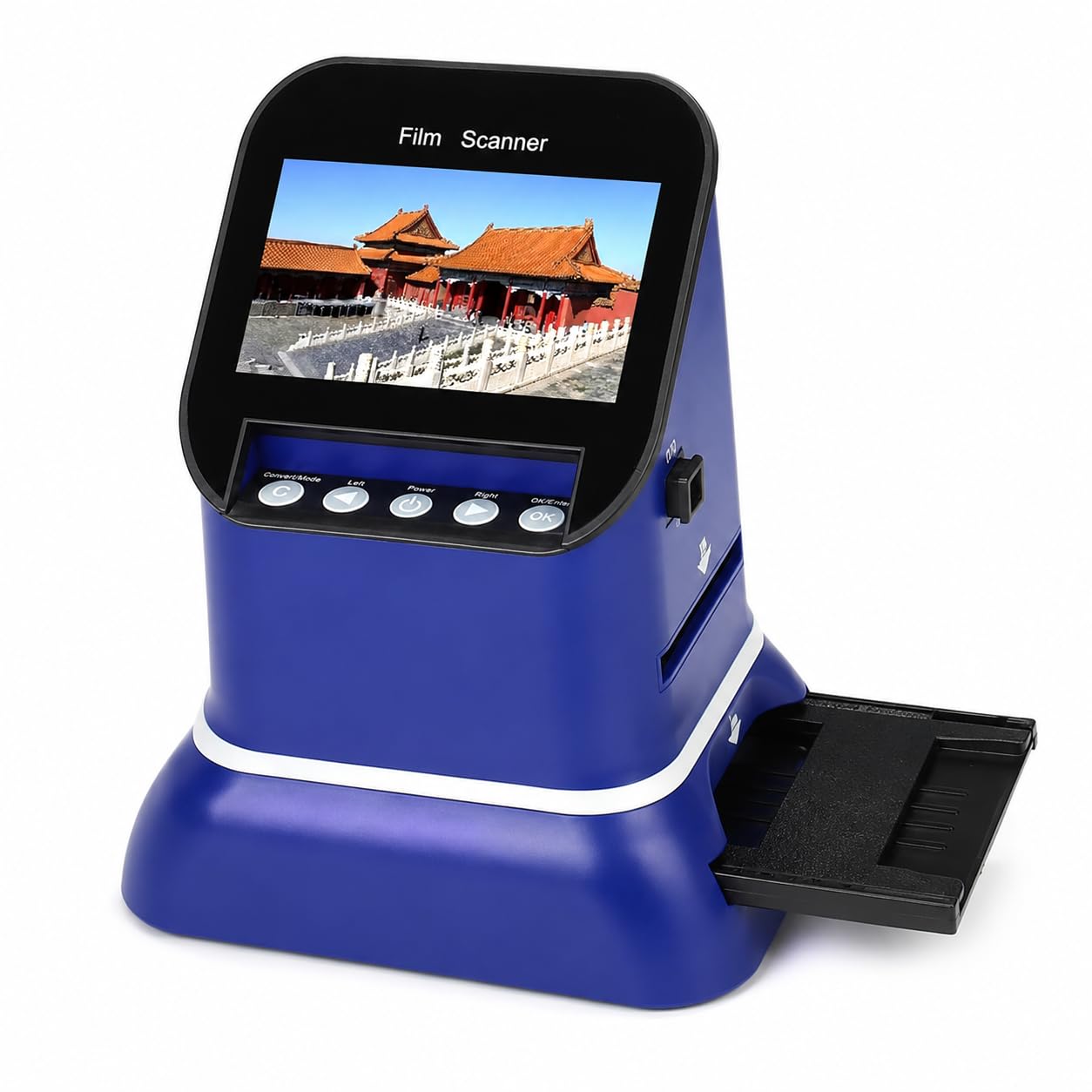 Scanner per pellicola e diapositiva da 22 MP, LCD da 4,3 pollici, 35 mm/120/126/127 | Converte negativi e diapositive in JPEG con editing integrato, memoria da 128 MB e supporto per l'archiviazione su schede SD.