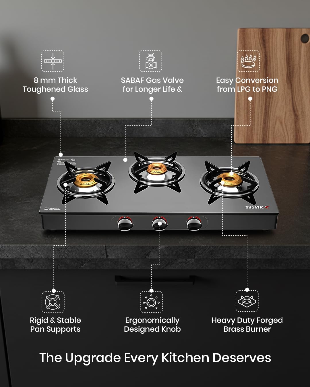 Sujata Gas Stove - 3 Burner Glass Top - 9 Year Warranty -7