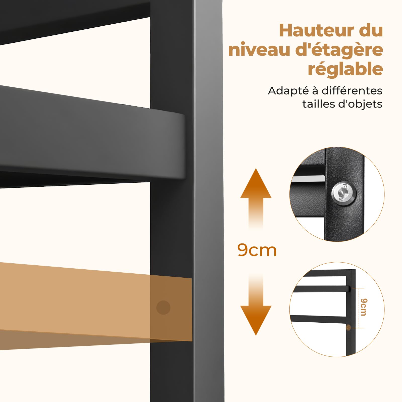 ALANNG Étagère Micro-ondes Réglable 38,7-65cm, 3 Niveaux Étagère de Cuisine sur Plan de Travail, 50kg Capacité Support Micro-ondes avec 6 Crochets, Métal Noir Stable