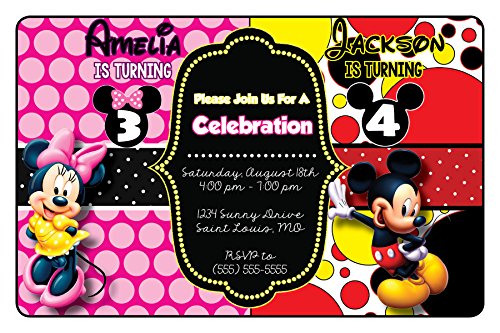 The Melange Market Custom Birthday Party Invitation - Minnie and Mickey, Siblings, Boy and Girl, Twins, Personalized (20 count)