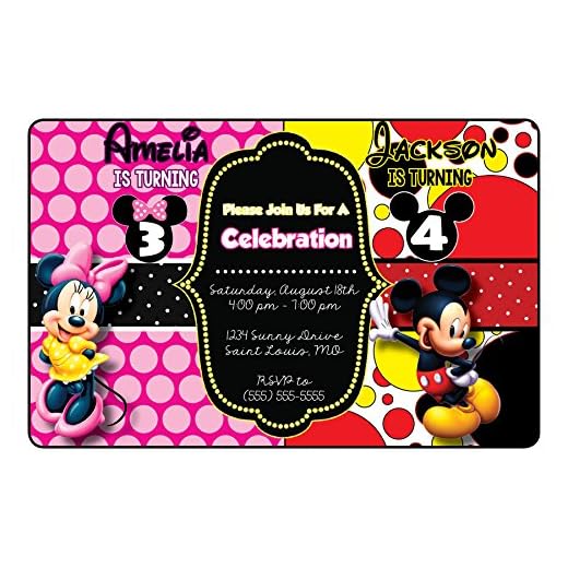 Custom Birthday Party Invitation - Minnie and Mickey, Siblings, Boy and Girl, Twins, Personalized (20 count)