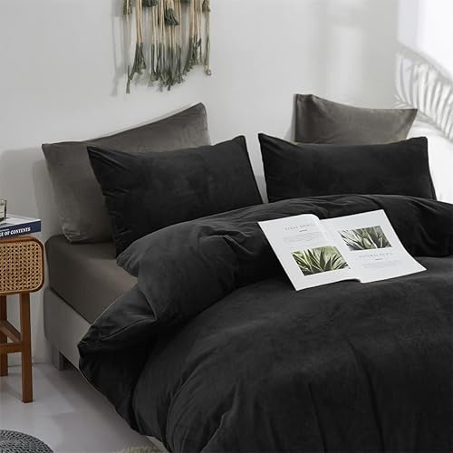Miniatura 4 de Wellboo Juego de edredón de terciopelo negro, tamaño matrimonial, color negro, esponjoso, edredón de franela de color sólido, edredón de microfibra