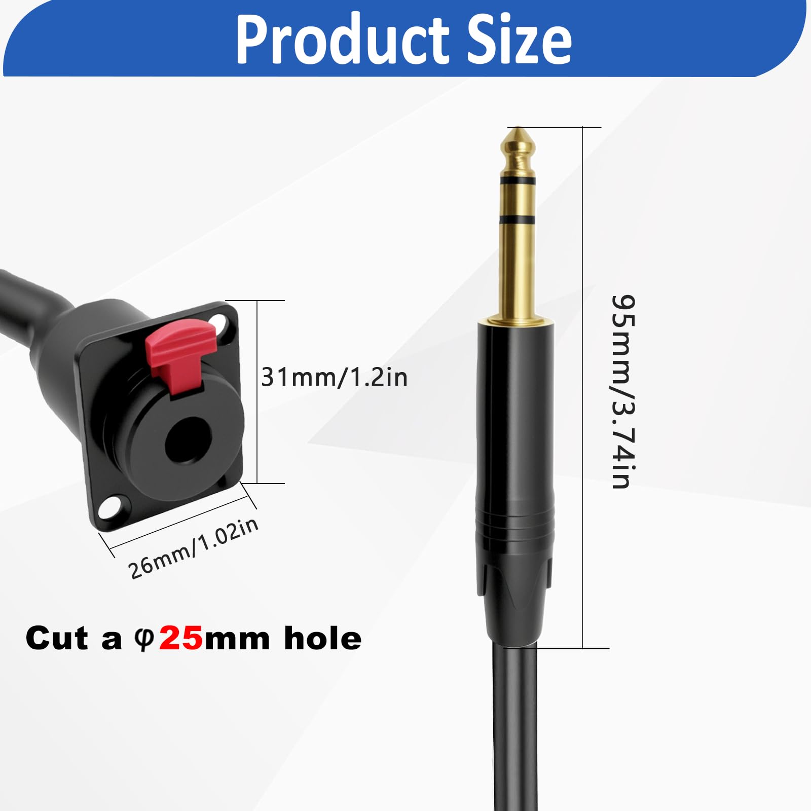 Cavo audio stereo da 6,35 mm tipo D da 6,35 mm femmina da 6,35 mm a maschio da 6,35 mm, cavo di prolunga TRS per cuffie e chitarra, per installazioni audio Pro, 1 m (TRS stereo)