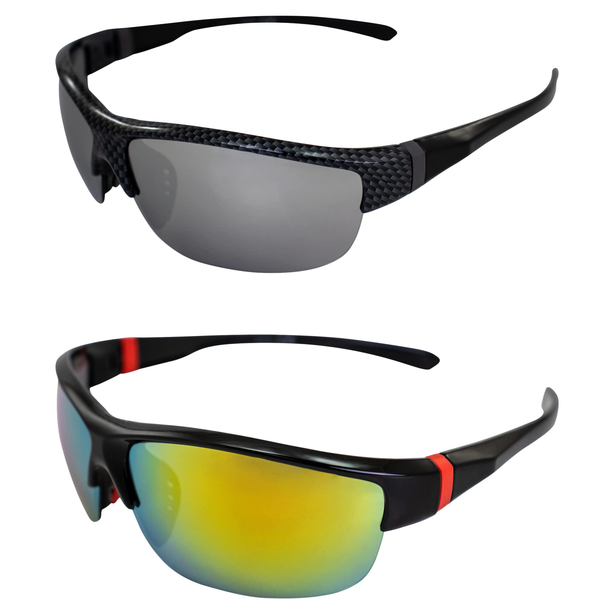 AlterImage Guardian Wraparound Sports & Motorcycle Retro Sunglasses for Men or Women 2 Pair Semi-Rimless Gray & Black Frames w/Flash Mirror & G-Tech Red Lenses