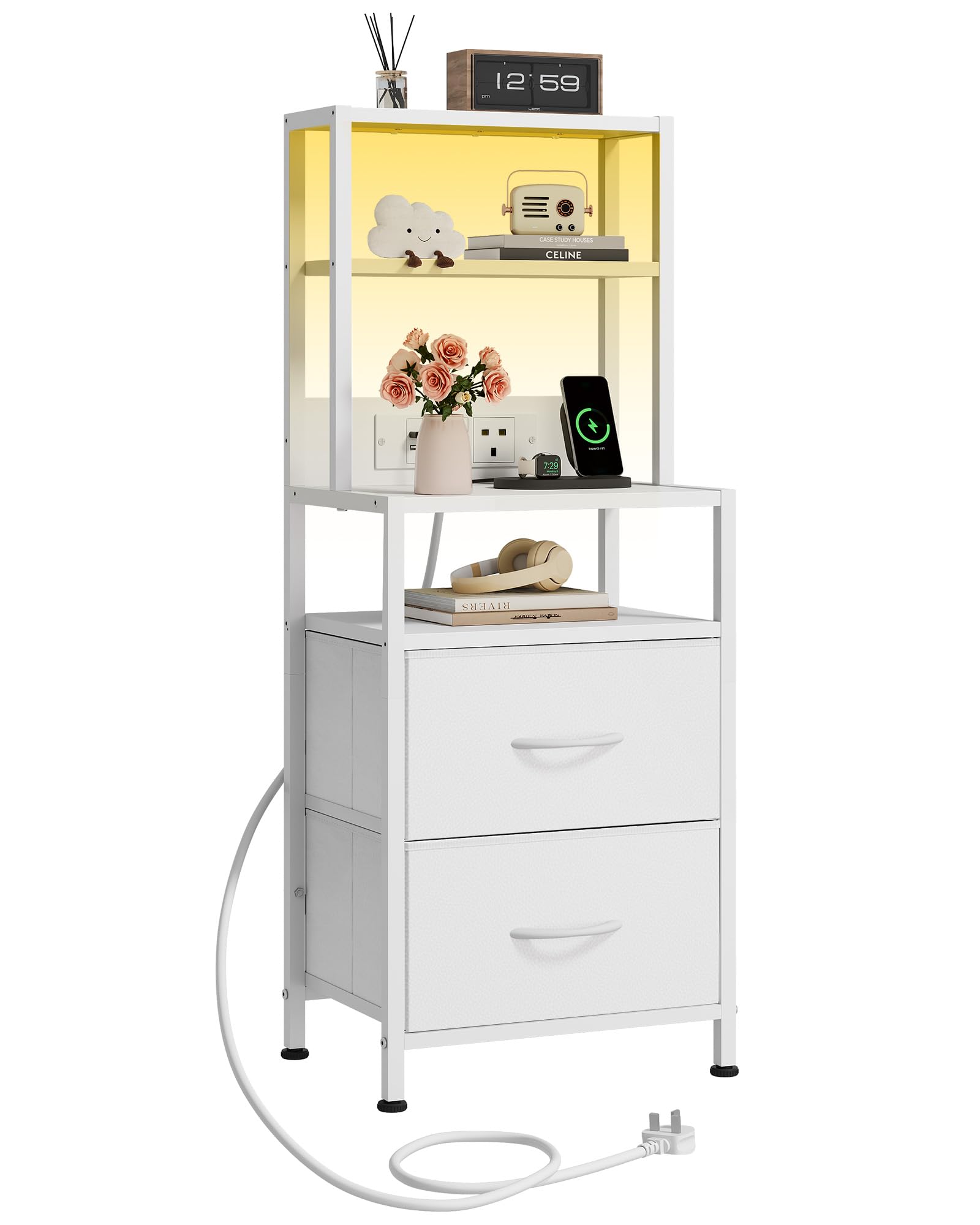 WLIVE White Bedside Table with 2 Fabric Drawers and LED Lights, Bedside Cabinet with 2 Outlets and 2 USB Ports, Bed Side Table for Bedroom, Office, White
