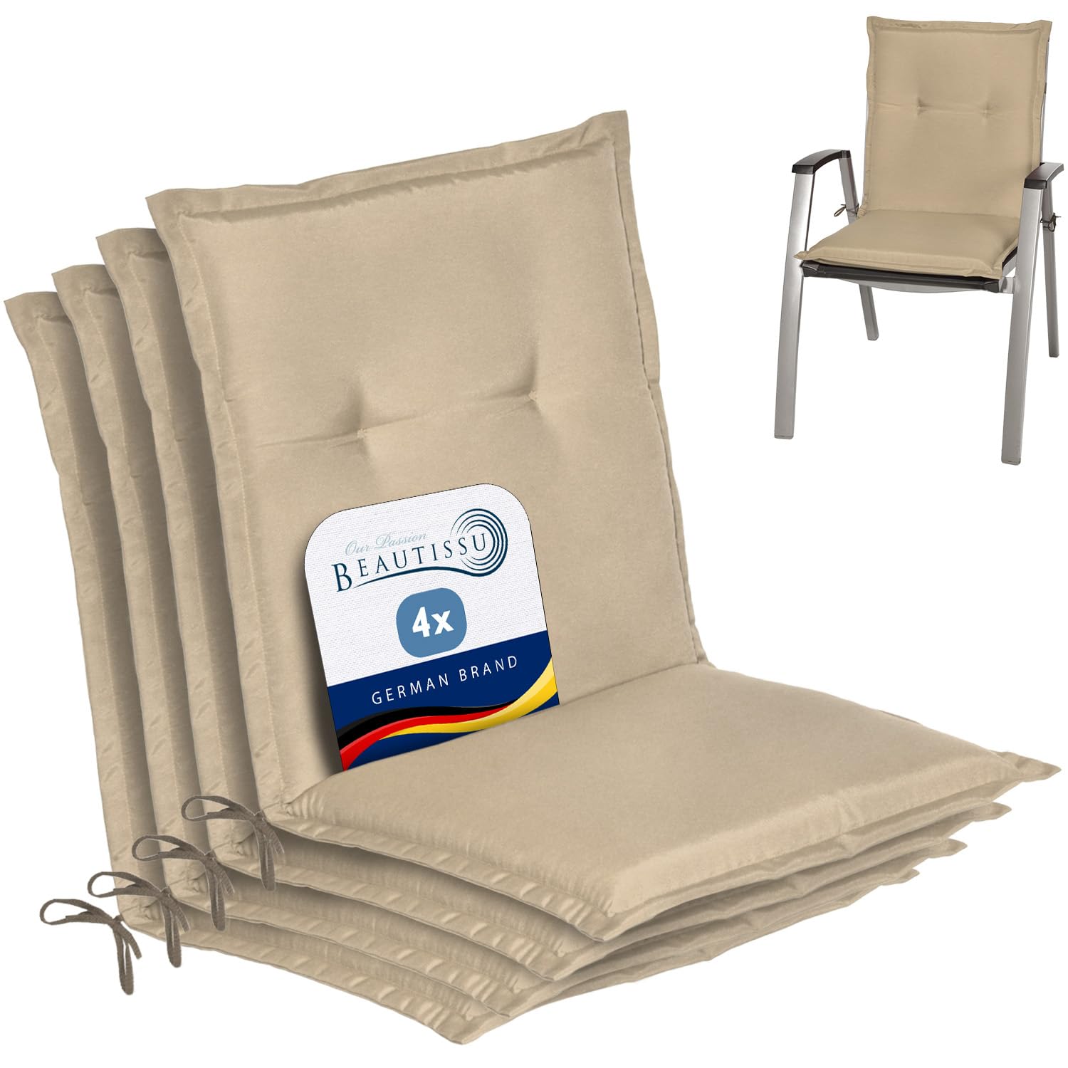 Beautissu Lowback Outdoor Chair Cushions 100x50x6 cm Loft NL - Set of 4 Seat Cushions for Garden Chairs with Backs Recliner Patio Chair Sunbed Bench - Natural