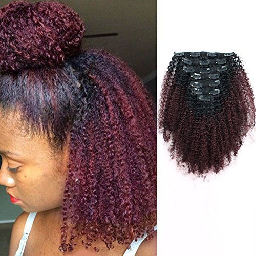 AmazingBeauty 8A Grade 3C 4A Big Afro Kinkys Curly Ombre Hair Extensions Double Weft Real Remy Human Hair for African American, Natural Black Fading into Cherry Wine Two Tone Color TN-99J, 14 Inch
