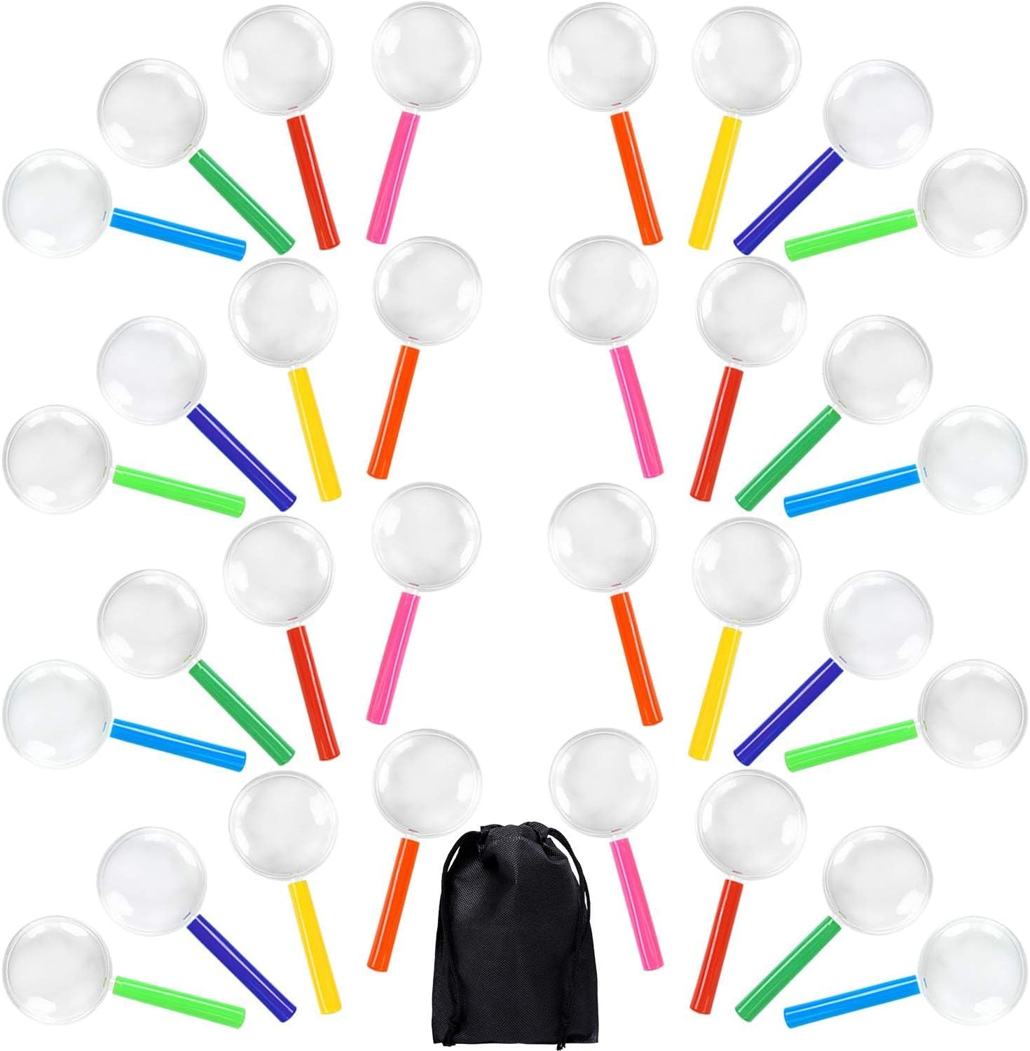 Elcoho 32 Pack Magnifying Glasses for Young People Plastic Colorful Magnifying Glasses for Party Favors Educational Toys with Storage Bag, 8 Colors