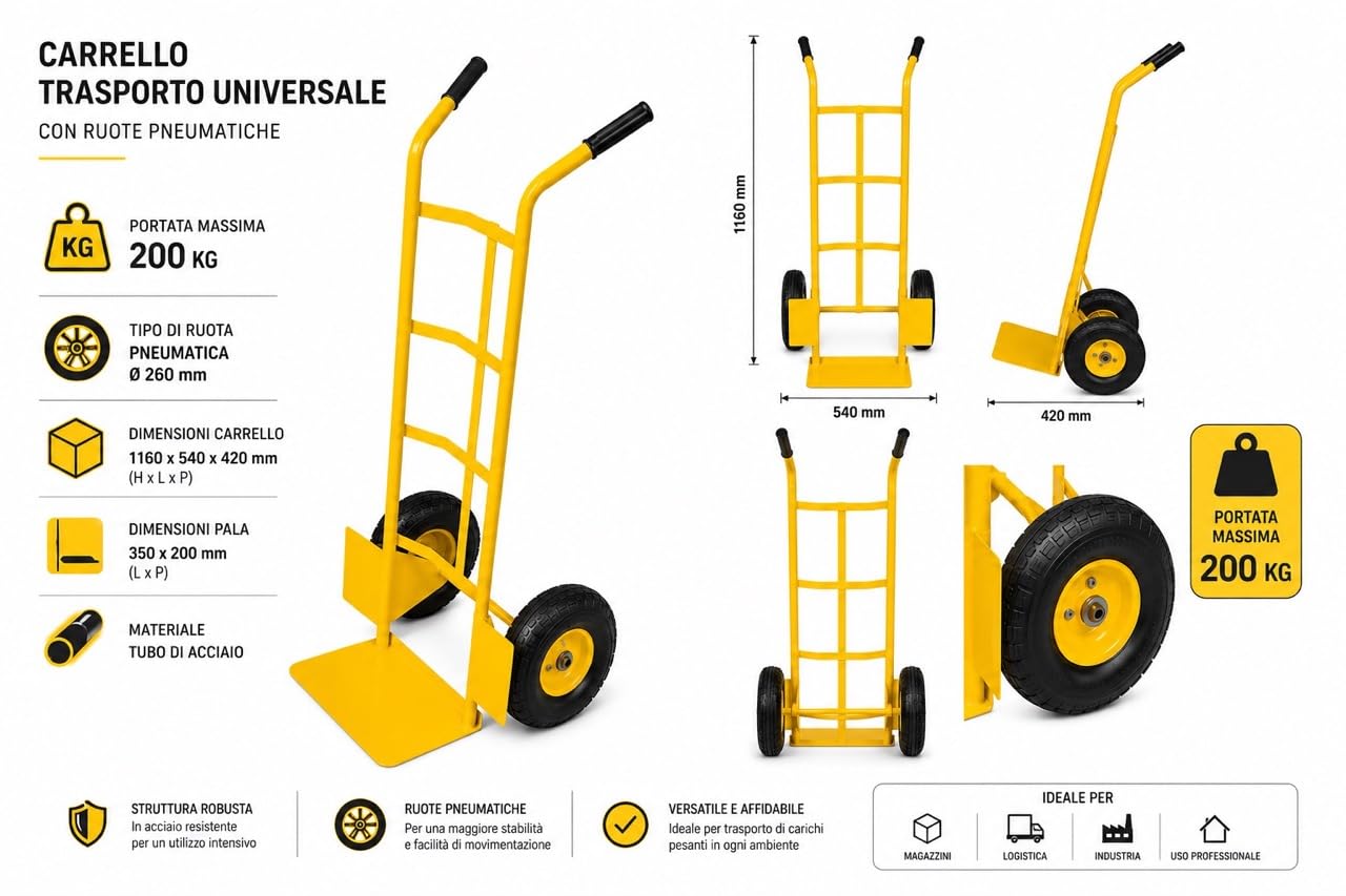 A.M.C. Carrello Portapacchi Pieghevole 200kg Pneumatici Maniglie Ergonomiche Carrellino con Ruote Portatutto Carrelli a Mano Saliscale in Acciaio Trasloco Porta Sacchi Trasporto Carichi Pesanti