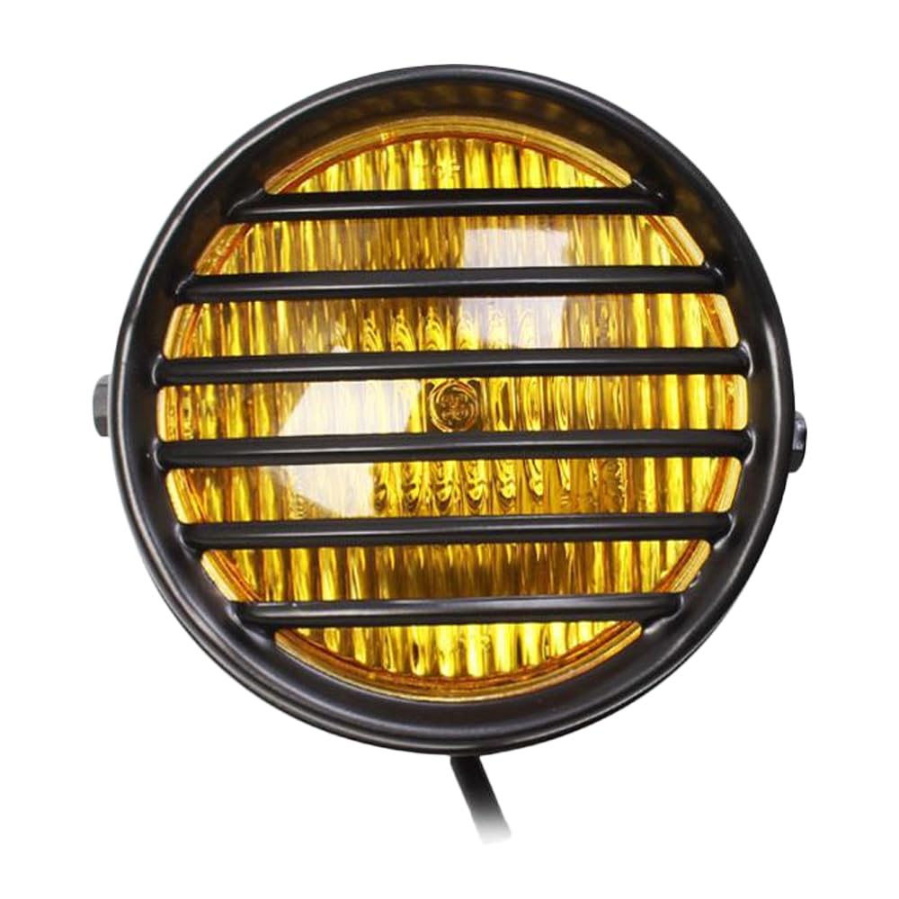 MACHSWON Reflektor motocyklowy 14,5 cm, uniwersalny 35 W 12 V motocykl retro czarna obudowa czołówka przedni reflektor, halogenowa lampa czołowa, osłona na kratkę z uchwytem, bursztynowa soczewka