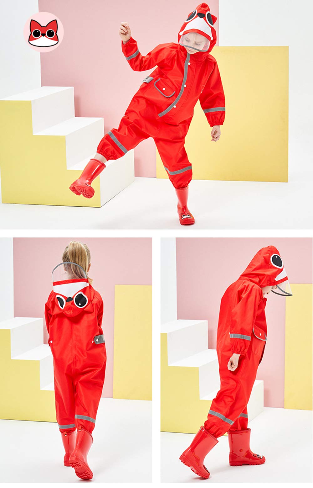 D C.Supernice Kids All in One Waterproof Suit Toddler Boys Girls Cute Dinosaur Raccoon Cat Shape Puddle Rainsuit