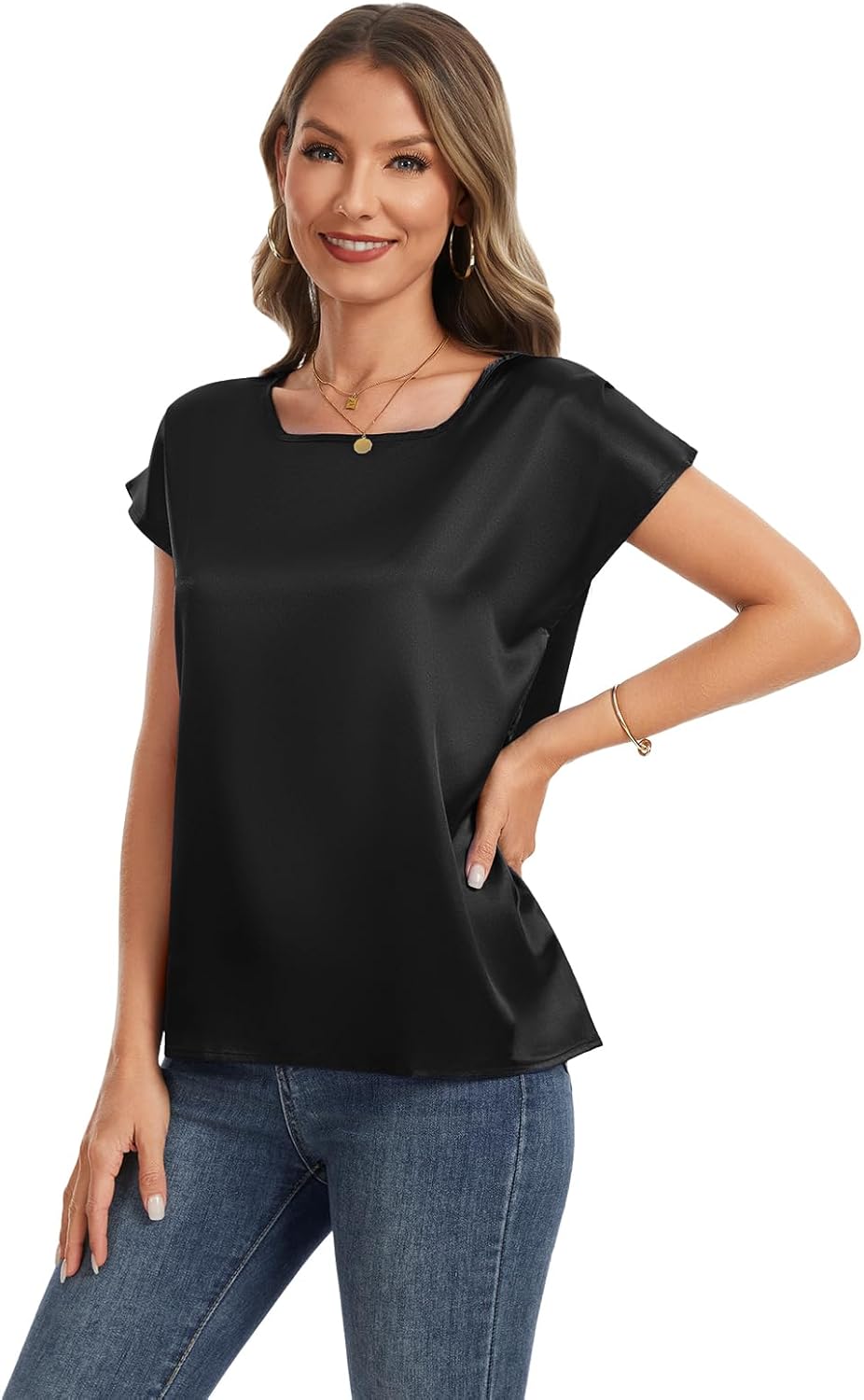 Tops for Women Silk Satin Cap Short Sleeve Blouse Square Neck Shirts Business Casual Outfits - Image 5