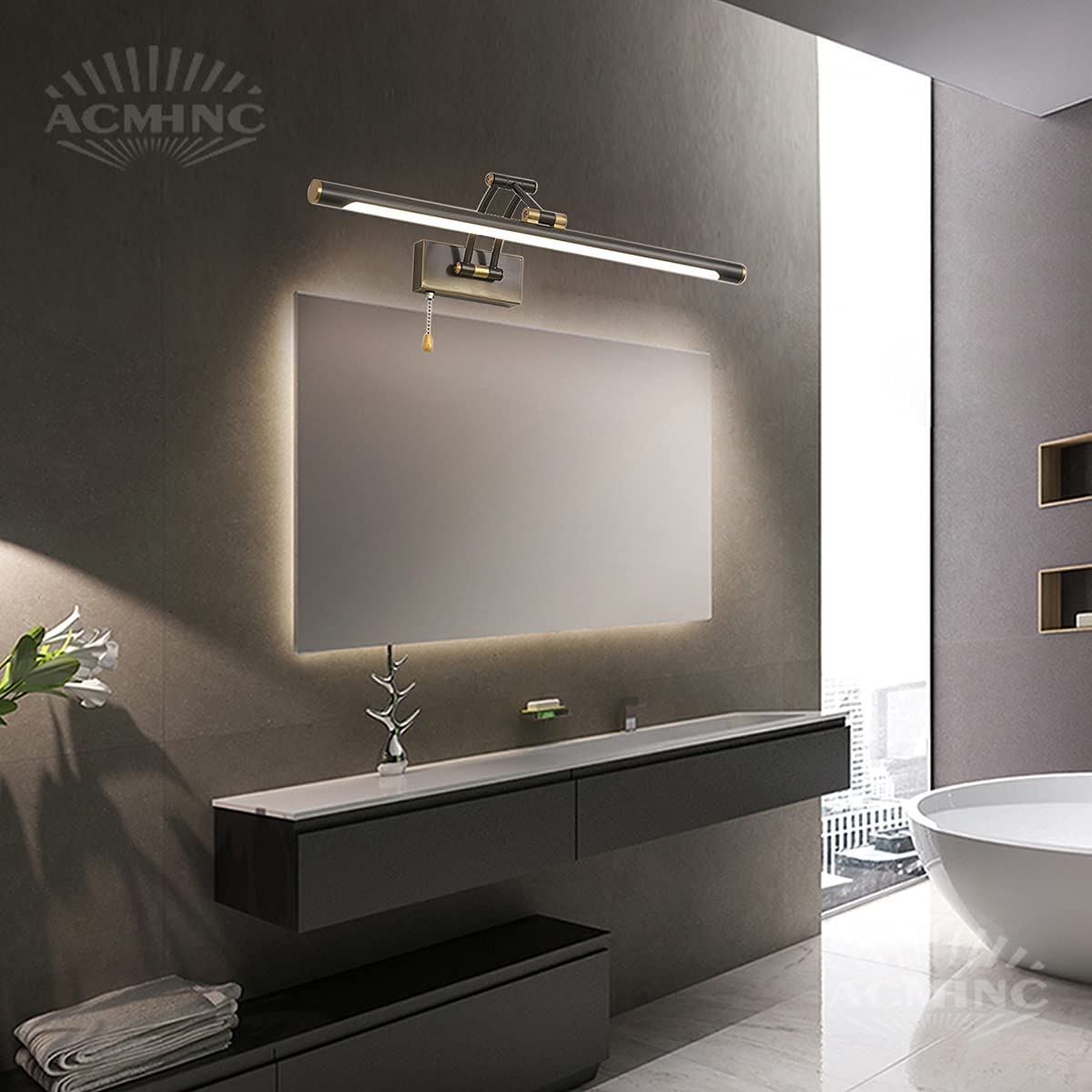 Lampa łazienkowa Vintage Mirror z przełącznikiem pociąganym, 4000K LED Brass Mirror Front Light 3-osiowa regulowana lampa łazienkowa, IP44 lampa ścienna do toaletki, szafka z lustrem kosmetycznym,