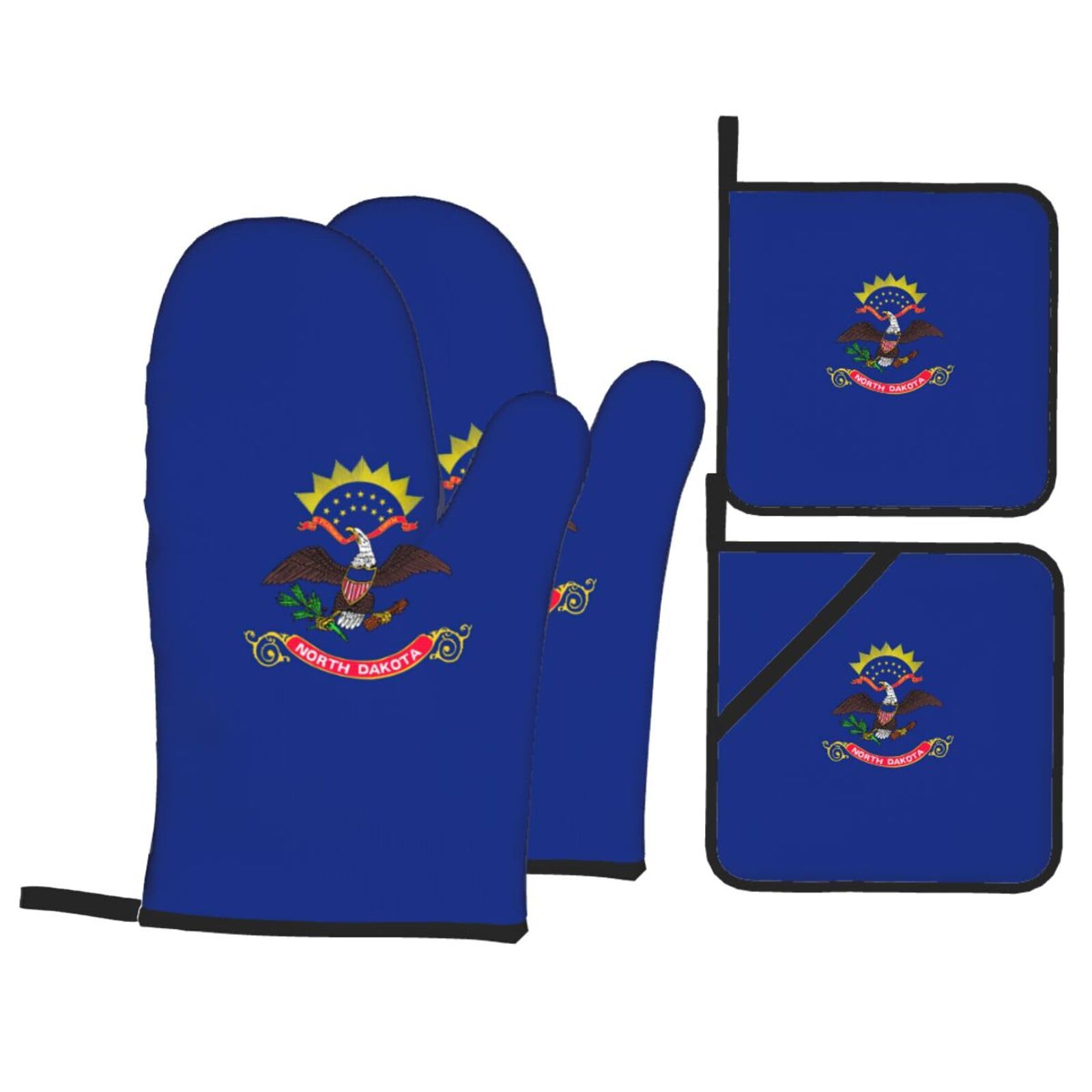 North Dakota State Flag Print 4-Piece Oven Microwaving Set Waterproof Kitchen Gloves for Baking Grilling Cooking