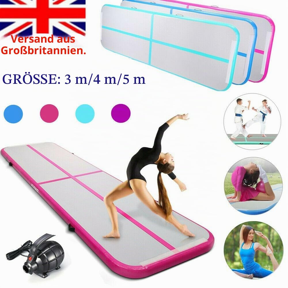 LSLIFE Aufblasbare Gymnastikmatte Tumble Track Gym Bodenmatte 3M 4M 5M 6M Air Tumbling Trainingsbahn Dick 10CM mit Elektrischer Pumpe für Gymnastik Home Kids Tumble Training/Yoga/Wasser