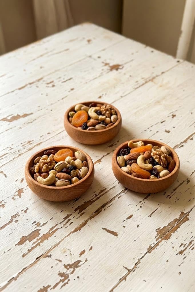 Atbyhome 3 Parça Doğal Kayın Ağacı Ahşap Çerezlik Kaseler - 10 cm Kahvaltılık ve Mezze Sosluk Seti