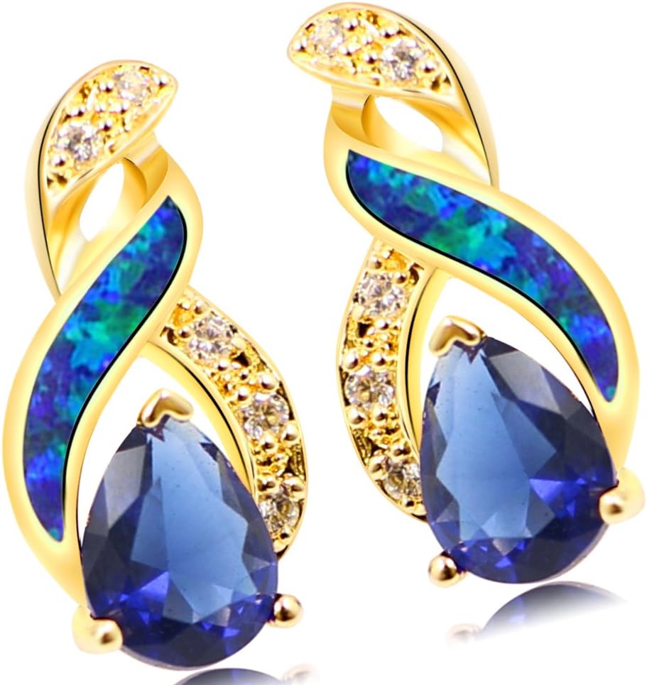 LYYSEN 14K Yellow Gold CZ Stud Earring Austrial Fire Opal 3 Prong Sapphire Topaz 6x8mm Silver Earrings … (Gold Plating-Blue Opal)