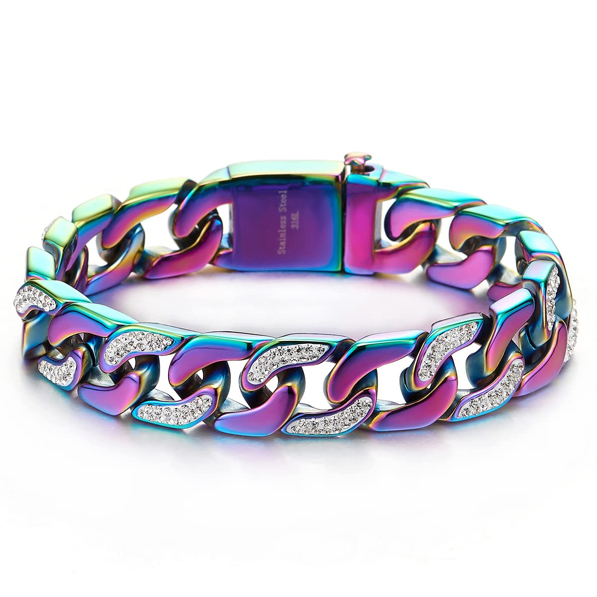 COOLSTEELANDBEYONDMen’s Stainless Steel Curb Chain Bracelet Rainbow Colorful High Polished with Cubic Zirconia