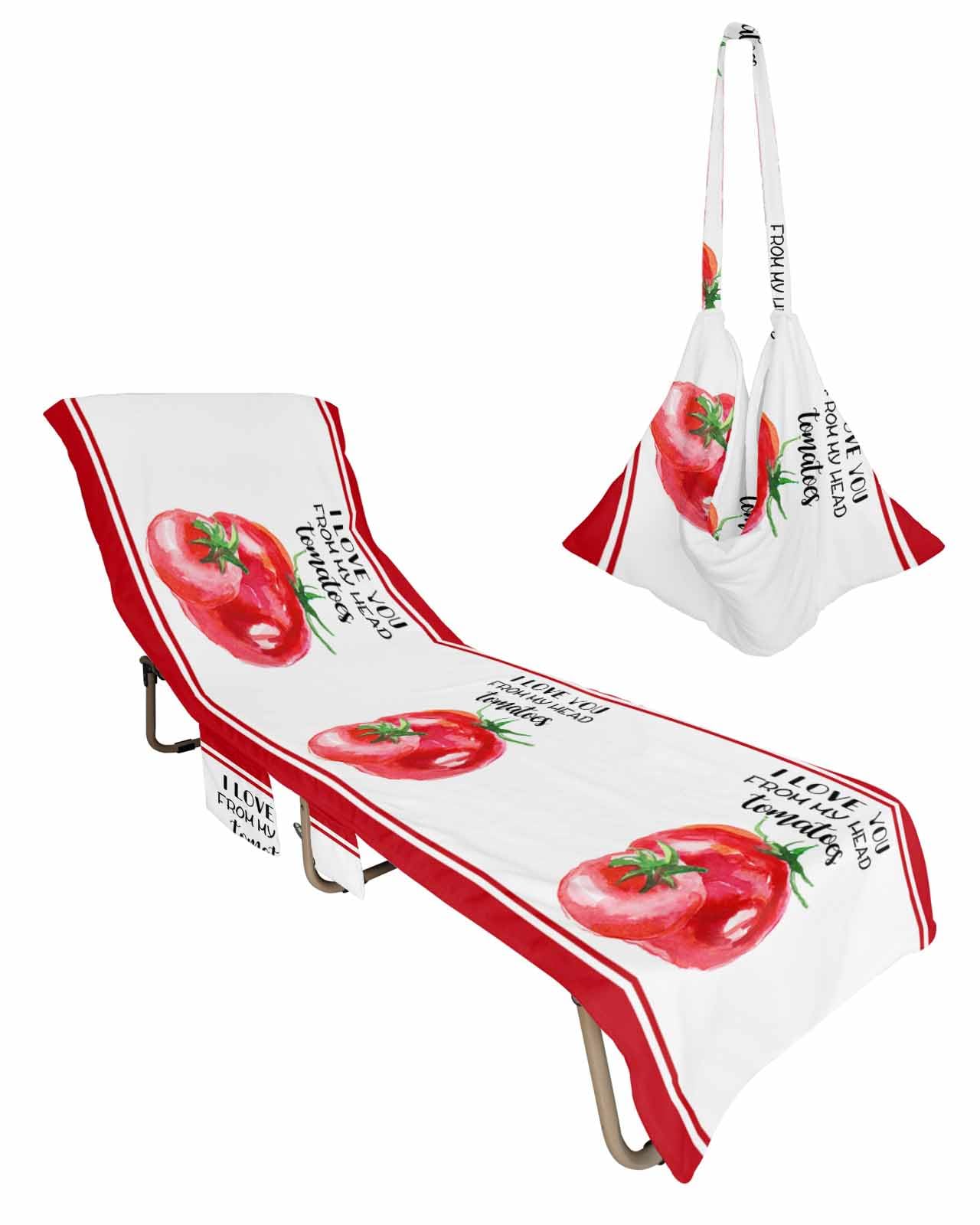 Tomato Beach Lounge Chair Towel Cover, Soft Chaise Lounge Towel with Side Pockets Patio Pool Chairs Cover for Beach/Pool Sunbathing 29x85 Watercolor Vegetable Red